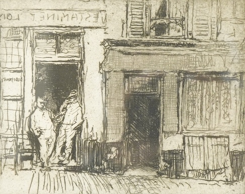 Sir Frank Brangwyn RA, RWS, RBA, (1867-1956), 'Estaminet at Montreuil’, signed in pencil, c.1907, dry point etching, 15.5 x 19cm